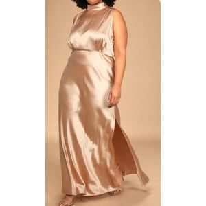 LULU'S 1X Classic Elegance Blush Satin Sleeveless Mock Neck Maxi Dress B150